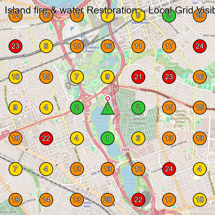 Island fire & water Restoration Fire Damage Restoration Service GeoGrid ranking map for Flushing NY